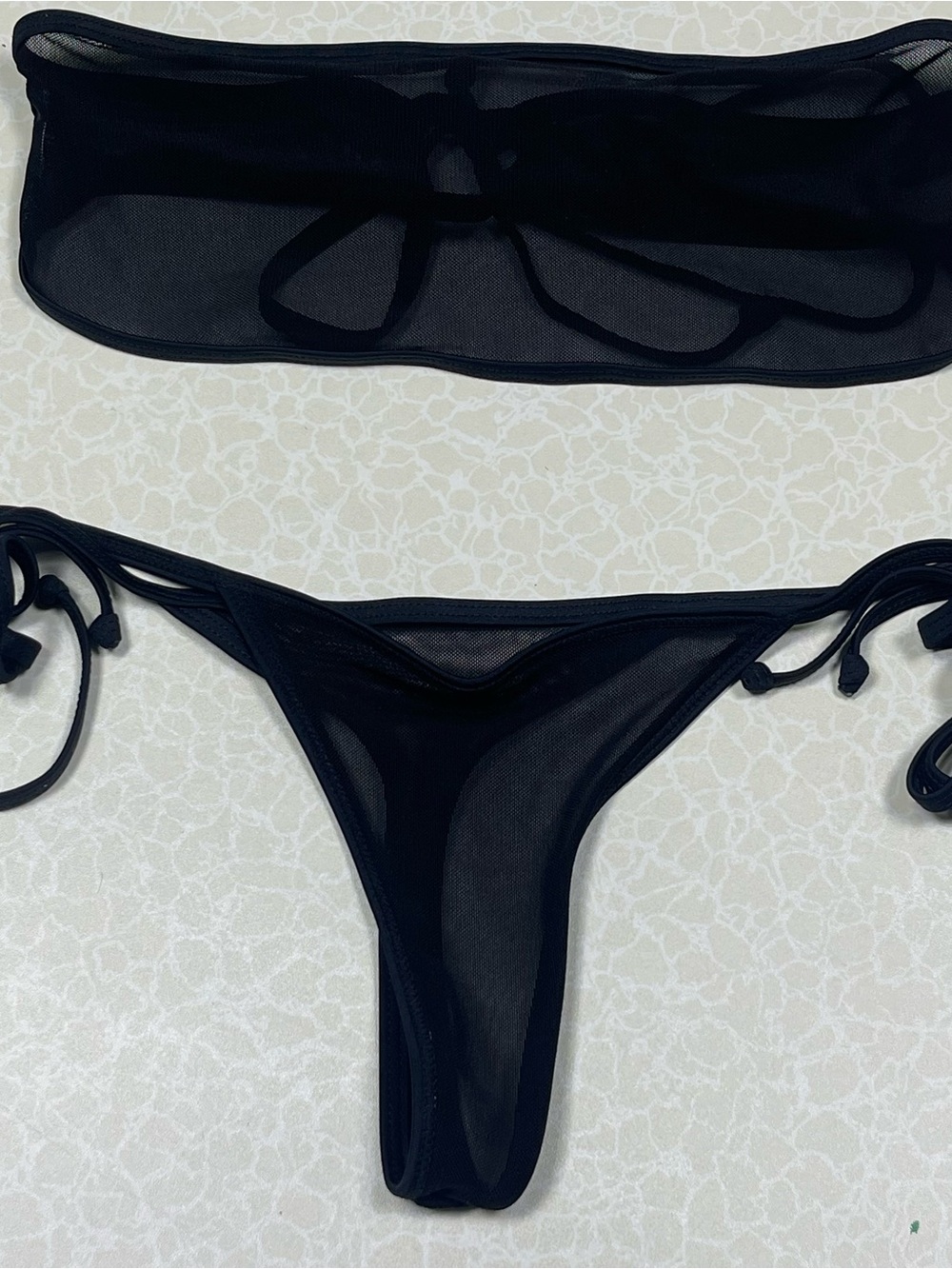 SHERRYLO Black Sheer Mesh Micro Bikini Set Bandeau Tie Side Size O/S